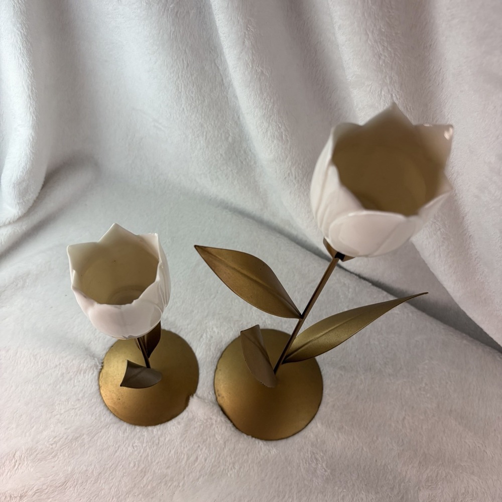 Vintage Brass & Ceramic Tulip Candle Holder Set Shabby Chic Hollywood Glam EVC - Picture 2 of 15